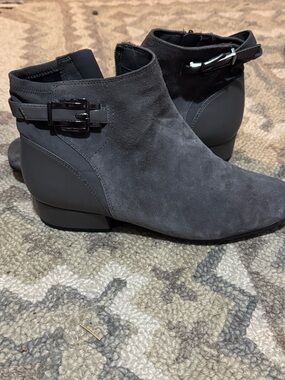 Women’s Gray Suede Ankle Boots with Buckle Detail